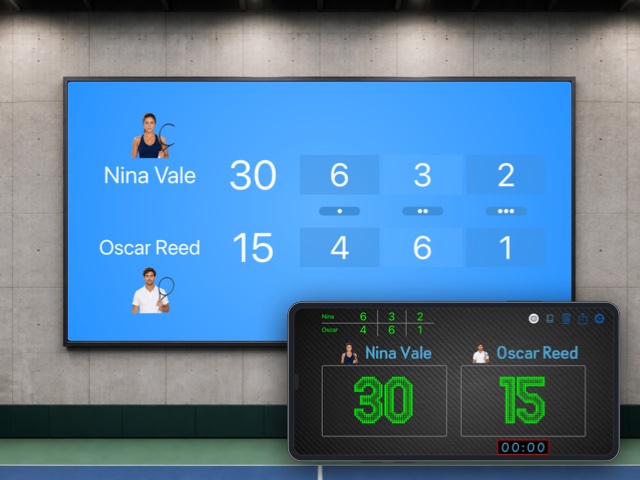 A tennis match controlled from an iPad with a blue scoreboard and player photos on a large venue display.