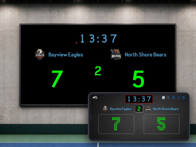 Ultimate Scoreboard on an iPad connected to a large display, showing Bayview Eagles leading North Shore Bears 7–5.