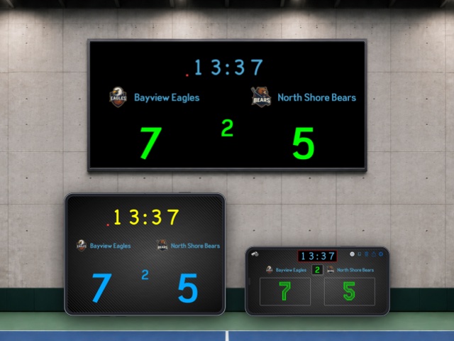 The same match displayed across a large venue screen and two iPads, each with its own scoreboard design.